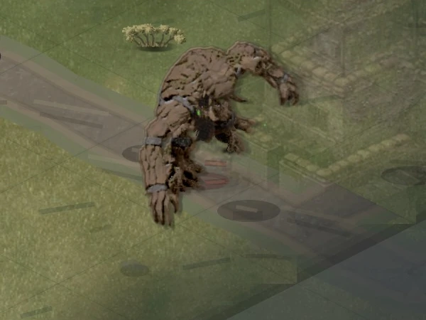 Ironroot Colossus walking southeast over the crossing road.